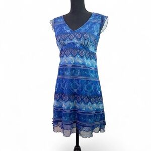 Vintage 90s/y2k Blue Paisley Mesh Lettuce Trim Mini Dress Size Medium Whimsigoth
